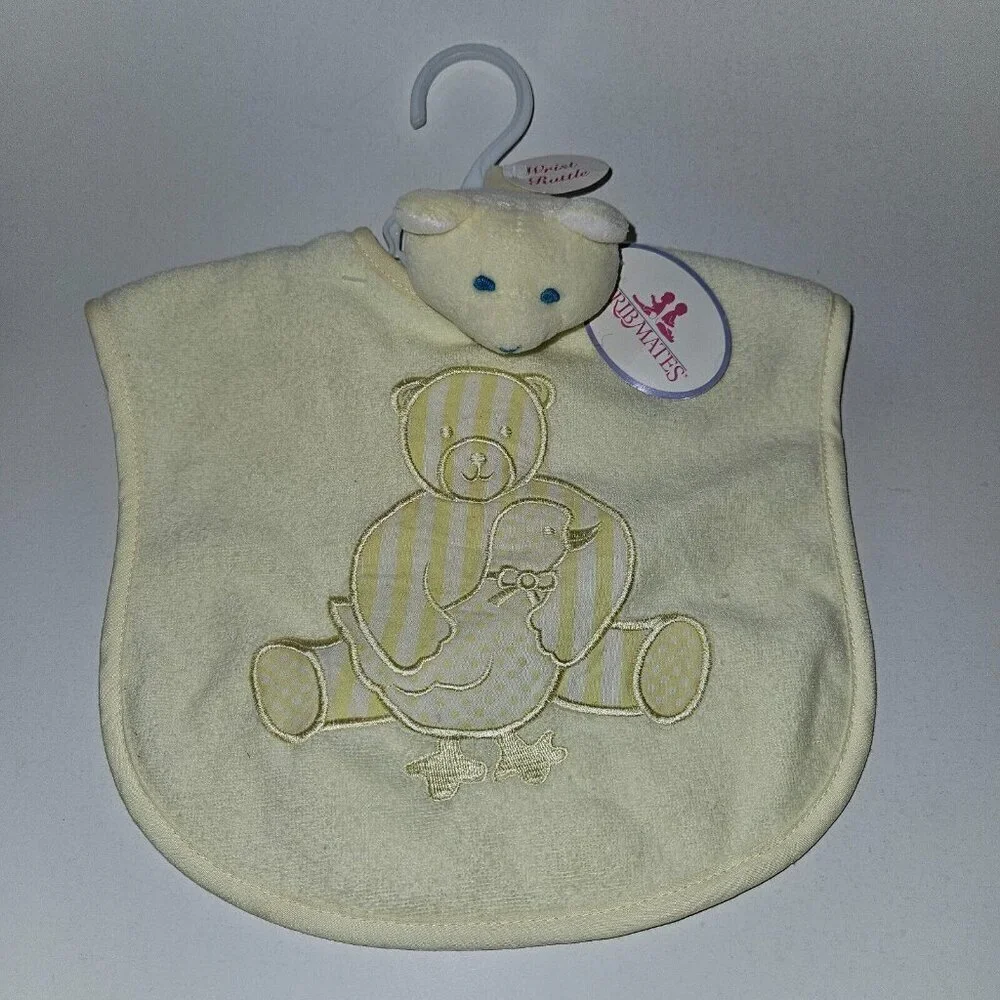 NOS Cribmates Yellow Bib Wrist Rattle Baby Gift Lot Teddy Bear Duck VTG